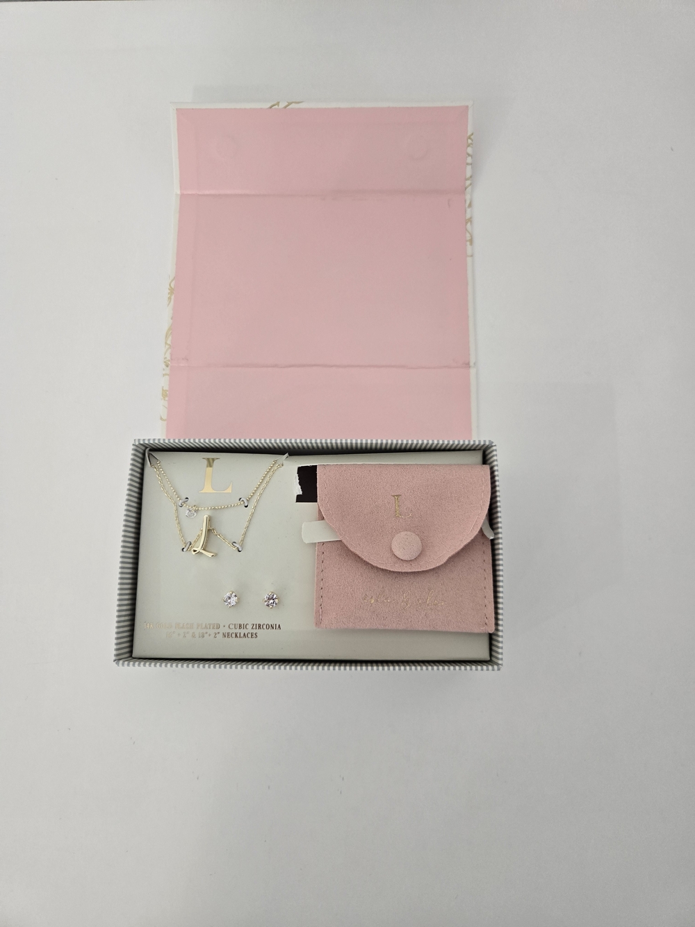 Initial L Gold-Tone Necklace and Stud Earrings Set with Pink Pouch